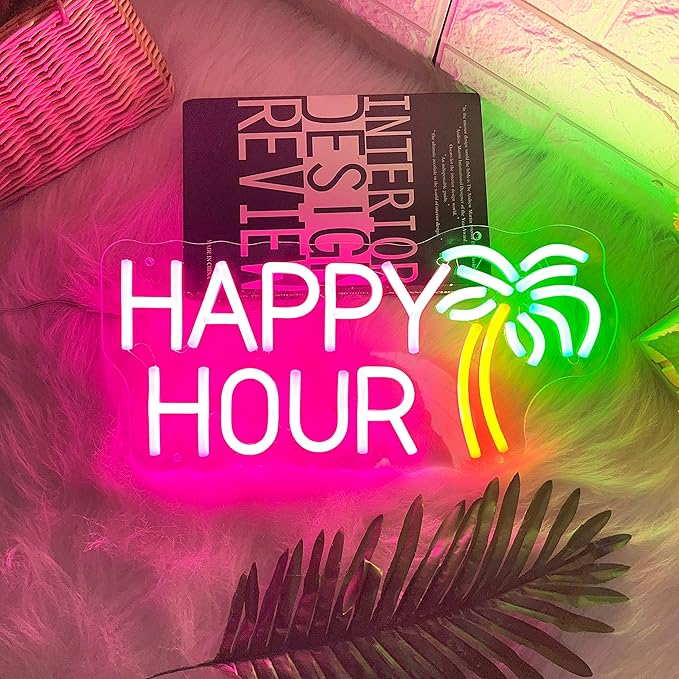 HDJSIGN Happy Hour Neon Signs Coconut Palm Tree Pink Neon Bar Light Sign for Wall Decor Home Bar Club Coffee Pub Hotel Decor USB Operated Led Sign Game Room Bedroom Home Decor Birthday Wedding Sign