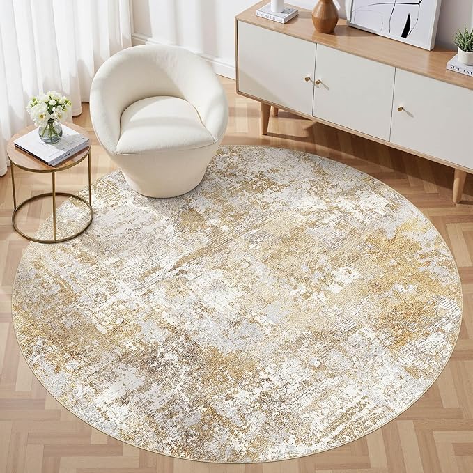 Tortania Washable 5' Round Area Rug for Living Room: Modern Abstract Neutral Large So' Thin Rugs - Non Slip Indoor Carpet for Bedroom Dining Room Office Nursery Home Floor Decoration - Brown Grey