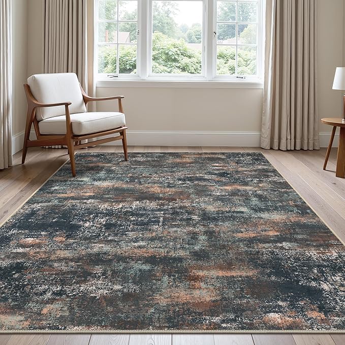 Area Rugs 8x10 for Living Room Bedroom, Modern Abstract Machine Washable Rug, Large Soft Low Pile Floor Cover with Non Slip Backing for Dining Room, Dark Blue Rust