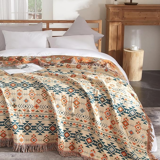 Boho Throw Blanket for Couch Sofa Bed, 100% Cotton Woven Quilt with Tassel 80”x90”, Super Soft Muslin Blanket with Patchwork Printed, Decorative Reversible Bed Blanket/Cover for All Seasons
