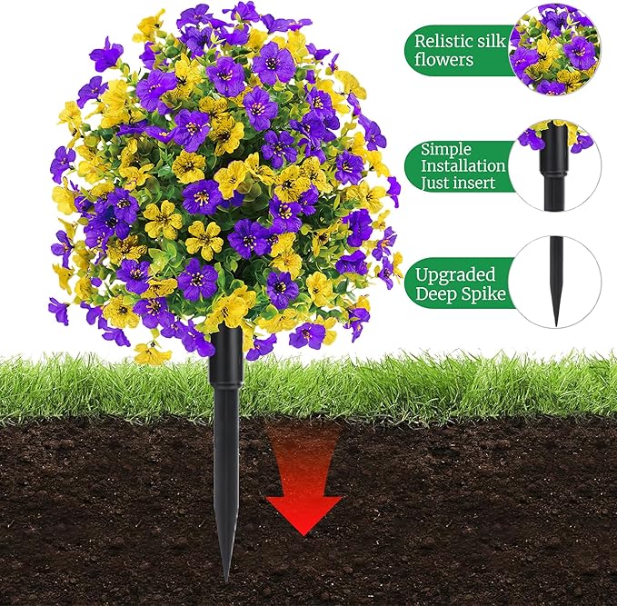 22.8" Set of 2 Fall Artificial Boxwood Topiary Ball with Spikes,UV Resistant Fake Outdoor shrubs with Violet Flowers, Faux Plants Bushes for Garden Front Porch Yard Patio Decor (Yellow+Purple)