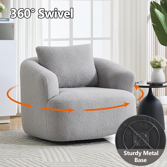 Swivel Accent Chair,360° Rotating Barrel Chair,Teddy Fleece High-Resilience Sponge Single Sofa, Easy Assembly for Living Room, Bedroom, Apartment Light Grey