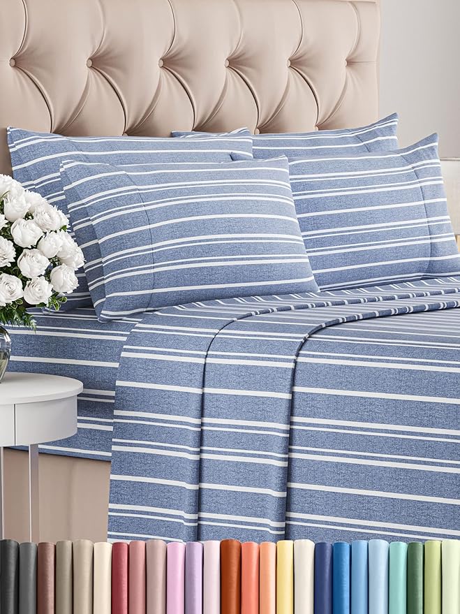 Full Sheets Set 6 Piece - Includes 4 Pillowcases - Bed Sheets Full Size - Soft Hotel Luxury Bedding - Cooling, Comfy & Breathable - 1 Flat & 1 Fitted & 4 Pillowcases w/ Deep Pockets - Blue Stripes