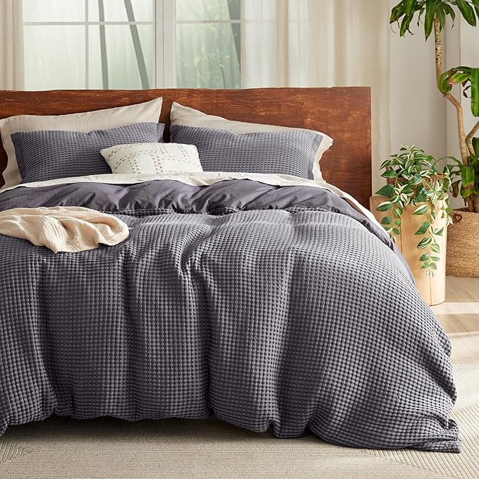 Bedsure Cooling Waffle Duvet Cover Queen - Cotton Blend Rayon Derived from Bamboo Duvet Cover Set for Hot Sleepers, Breathable Bedding Set with a Vintage Charm, 3 Pieces (Charcoal, Queen, 90"x90")