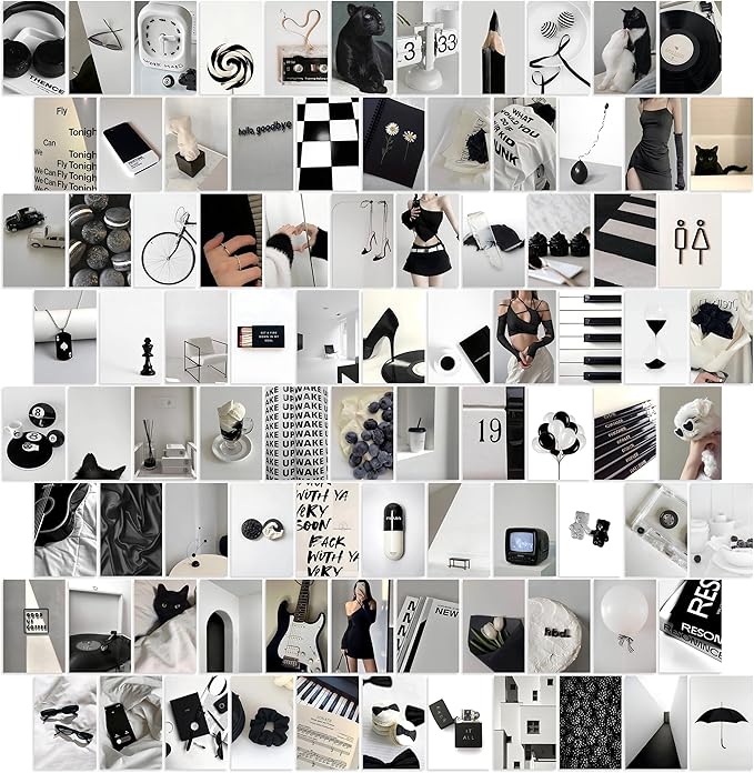 Mystic Black & White Aesthetic Wall Collage Kit – 100 Bold & Mysterious Photos, 4"x6" Semi-Gloss Prints for Teen Girls Dorm Room Decor, Monochrome Minimalist Art, Ideal Gift for Birthday & Graduation