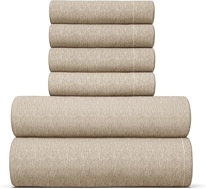 Queen Sheets Set 6 Piece - Includes 4 Pillowcases - Bed Sheets Queen Size - Soft Hotel Luxury Bedding - Cooling, Comfy & Breathable - 1 Flat, 1 Fitted & 4 Pillowcases w/ Deep Pockets - Heathered Beige