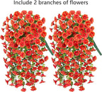Artificial Faux Fall Hanging Flowers Plants for Outdoor Decor,2 PCS Fake Silk Morning Glory with Eucalyptus UV Resistant Realistic Mums for Wall Home Porch Patio Balcony Yard Indoor Decor, Orange