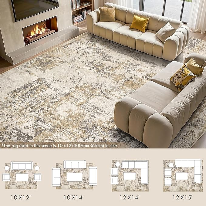 Tortania Washable 10x14 Area Rug for Living Room: Modern Abstract Neutral Large Soft Thin Rugs - Non Slip Indoor Carpet for Bedroom Dining Room Office Nursery Home Floor Decoration - Beige/Brown/Gray