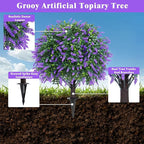 Artificial Boxwood Topiary Ball with Lavender, Set of 2 Artificial Shrub Bushes with Ground Spike, Fake Evergreen Tree for Porch, Artificial Plants for Outdoor Planters Indoor UV Resistant