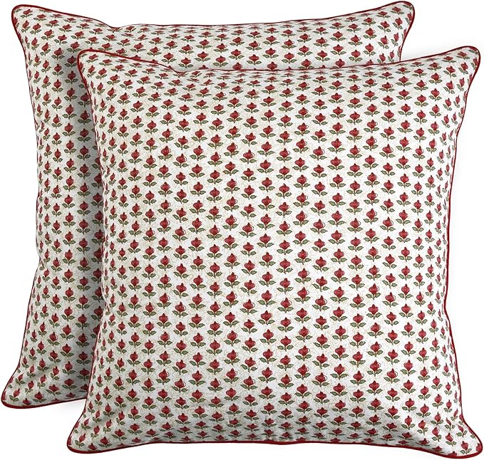 Ridhi Green and Red Print Print Cotton Throw Pillow Covers for Decorative Couch Pillows for Living Room, Chic Boho Cute Outdoor Thanksgiving Pillows Covers Gifts 20x20 Inches