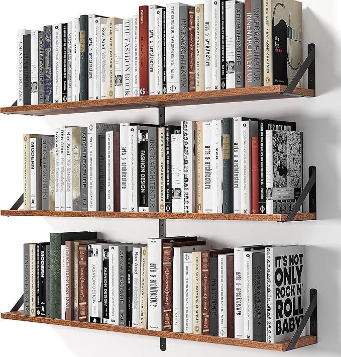 Heimlove Floating Shelves for Wall, 36 Inch Long Wood Floating Bookshelf Set of 3, Wall Mounted Hanging Shelf for Bathroom Bedroom Kitchen, Rustic Brown