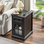 Farmhouse XXL End Table with Charging Station, Side Table with USB Ports and Outlets, Nightstand with Drawer and Glass Door Storage, Grey Bedside Tables for Living Room, Bedroom, Office