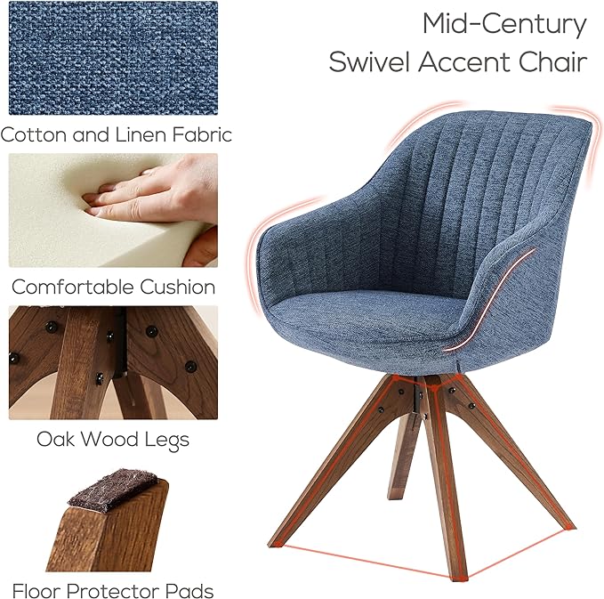 Art Leon Desk Chair - Mid Century Modern Office Chair No Wheels, Swivel Accent Chair with Oak Wood Legs, Fabric Upholstered Arm Chair, Blue