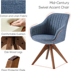 Art Leon Desk Chair - Mid Century Modern Office Chair No Wheels, Swivel Accent Chair with Oak Wood Legs, Fabric Upholstered Arm Chair, Blue