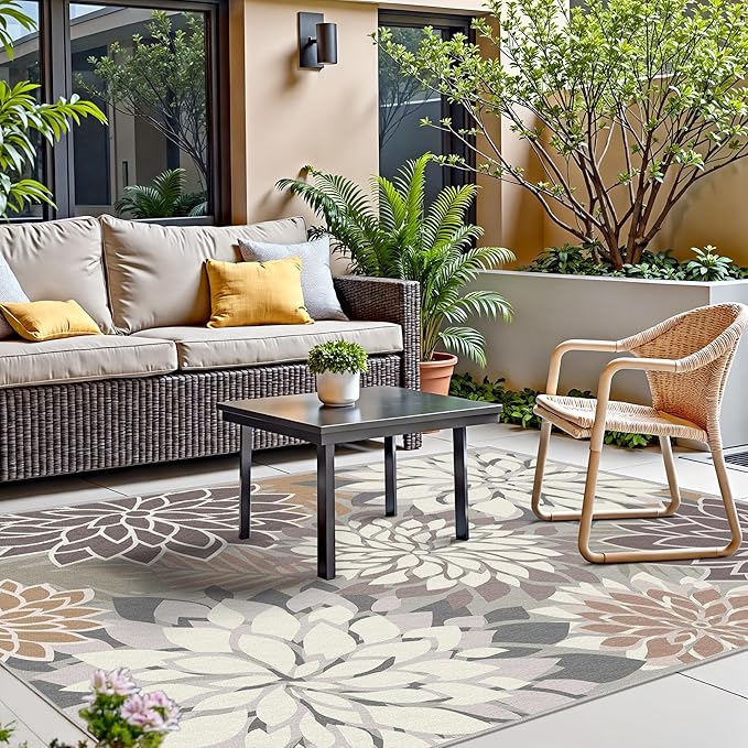 Indoor Outdoor Area Rug Washable Multicolored Patio Rug Tropical Botanical Modern Floral Indoor Outdoor Carpet Brown White Rug Non Slip Non Shedding for Patio, Deck, Backyard, Porch (8x10)