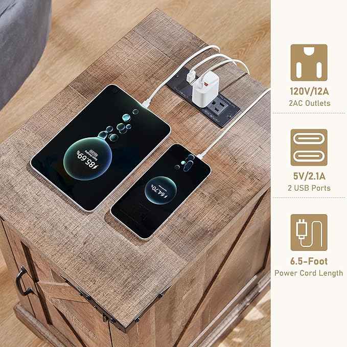 JXQTLINGMU Farmhouse Nightstand Set of 2 with Charging Station, 17"D Rectangular End Table with Barn Door & Adjustable Storage Shelf, Wood Rustic Sofa Side Table for Living Room, Bedroom, Light Brown