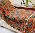 Handmade Cotton Throw Blanket | Floral Block Print in Orange & Navy | 48x70 Inches Fringed Bed Runner | Lightweight Boho Sofa Throw for Couch, Living Room & Bedroom Decor