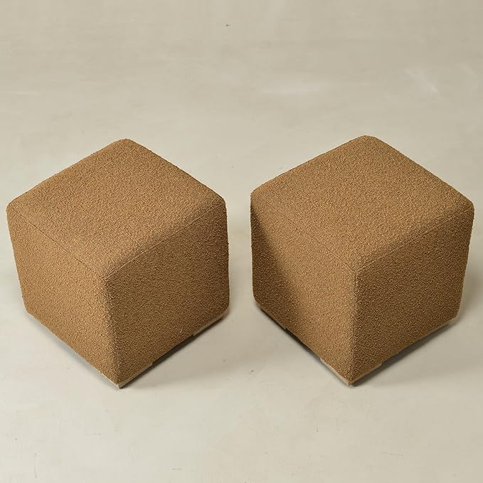 KINWELL 18.5" Wide Modern Square Boucle Upholstered Ottoman with Solid Wood Legs Set of 2, Cube Ottoman Multi-Functional Sofa Footrest, Extra Seating for Living Room, Bedroom, Fully Assembled (Brown)