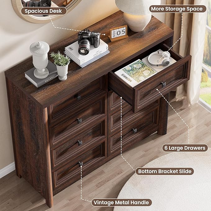 Farmhouse 8 Drawer Dresser for Bedroom, 41" Tall Wood Chest of Drawers, 43.3" Wide Dresser TV Stand, Storage Closet Drawer Organizer for Bedroom, Walnut