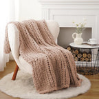 Battilo Chunky Knit Throw Blanket, Soft and Thick Chenille Throw Blanket, 50"x60" Handmade Cable Knit Crochet Blanket, Large Rope Knot Throw Blankets for Couch Sofa Bed Home Decor, Pink