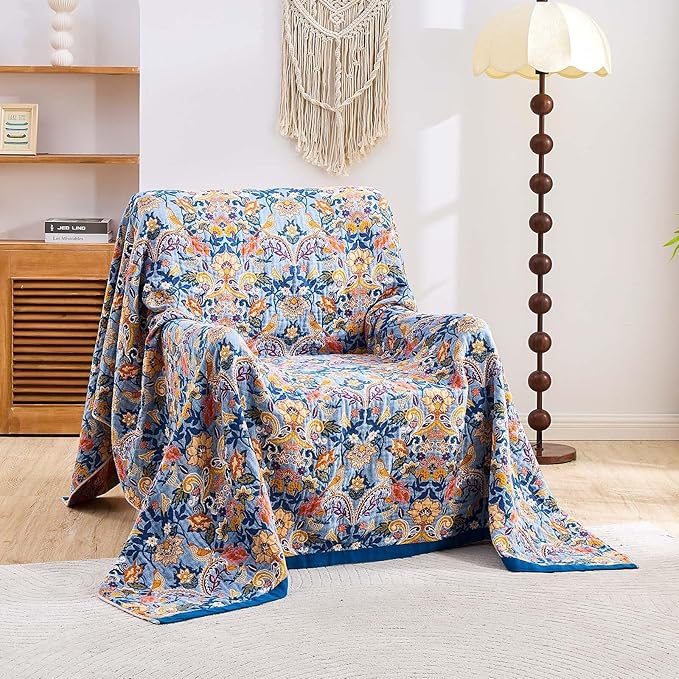 Boho Throw Blanket for Bed, 100% Cotton Soft Rustic Quilt Fall Blanket, 80"x90" Floral Printed Farmhouse Decor Bed Blankets, All Season Rustic Reversible Bohemian Throw Quilt