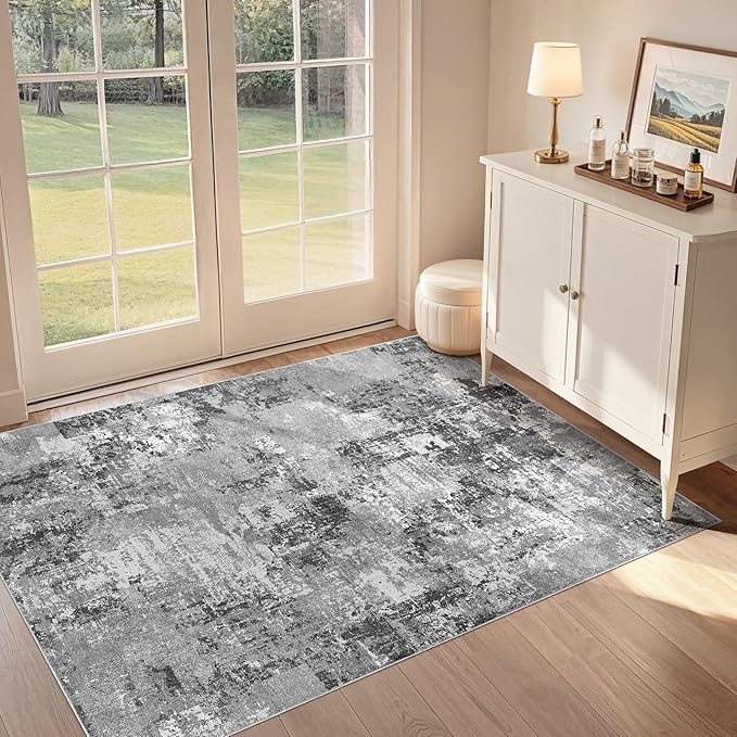 Tortania Washable 3x5 Area Rug - Modern Abstract Neutral Rugs Indoor Soft Thin Mat Non Slip Carpet for Entrance Front Door Living Room Bedroom Home Floor Decoration - Grey