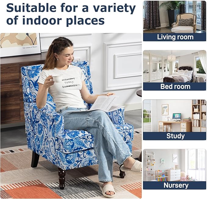 Accent Chair, Modern Comfy Mid-Century Anthropologie Accent Chairs, Linen Upholstered Wingback Lounge Arm Chair with Solid Wood,Single Floral Pattern Chair for Living Room/Balcony/Bedroom