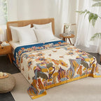 Boho Throw Blanket for Bed 90”x98”, 100% Cotton Woven Blanket for Couch Sofa, Ultra Soft 4-Layer Muslin Quilt with Vintage Floral Printed, Farmhouse Bed Blanket/Cover for Living Room Decor