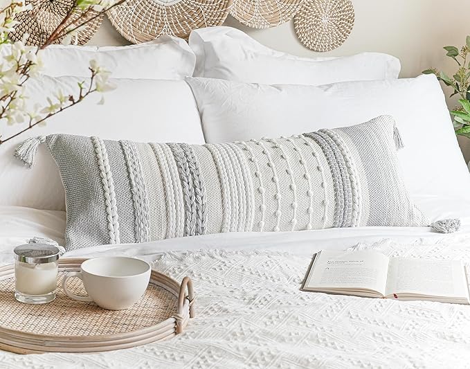 BlissBlush Gray Decorative Lumbar Pillow Cover 14x36, Grey Boho Long Body Pillow for Bed, Farmhouse Lumbar Throw Pillow for Couch, Modern Accent Textured Throw Pillowcase