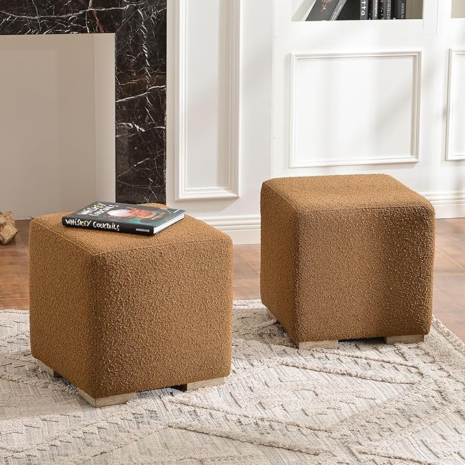 KINWELL 18.5" Wide Modern Square Boucle Upholstered Ottoman with Solid Wood Legs Set of 2, Cube Ottoman Multi-Functional Sofa Footrest, Extra Seating for Living Room, Bedroom, Fully Assembled (Brown)
