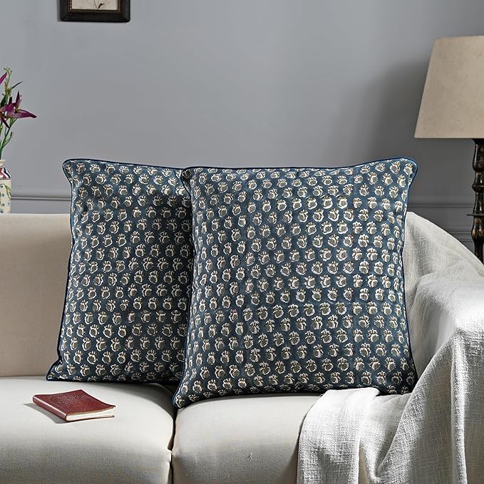 Ridhi Modern Farmhouse Pillow Covers Decorative Cotton Throw Pillow Covers Set of 2 Peacock Blue Cushion Covers for Boho Couch Sofa Bed Living Room Spring Home Decor 20x20