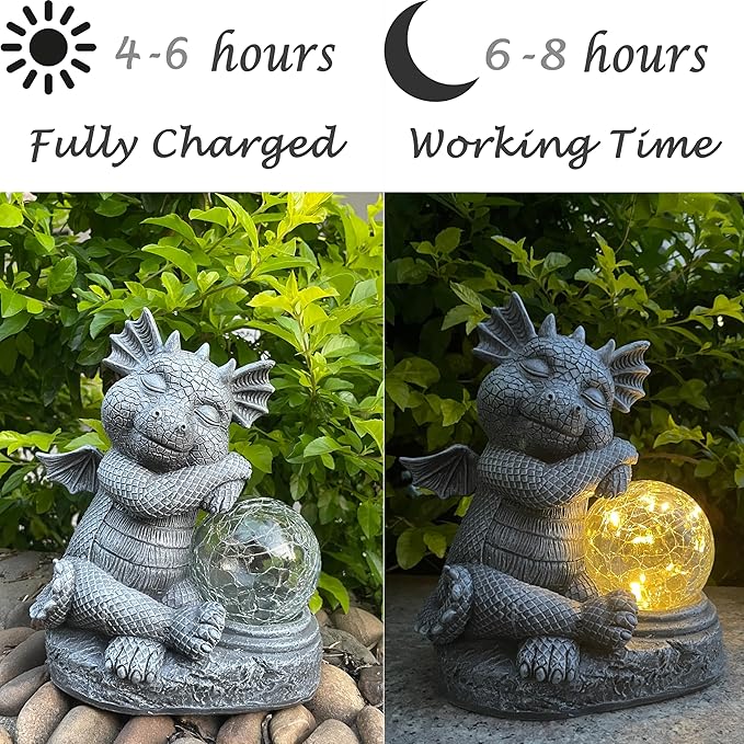 Garden Dragon Figurine Solar Powered Outdoor Cute Dragon with Hold Glowing Glass Ball Resin Sculpture for Porch Patio Lawn Farm Yard Home Decoration Gift for Women Housewarming