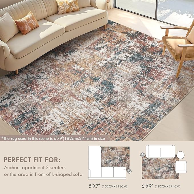 Tortania Washable 5x7 Area Rug for Living Room: Modern Abstract Neutral Large Soft Thin Rugs - Non Slip Indoor Carpet for Bedroom Dining Room Office Nursery Home Floor Decoration - Colorful Multi