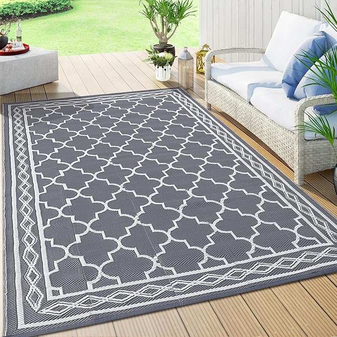 GAOMON Outdoor Rugs Patio Camping Waterproof Rug 6'x9' Plastic Straw Patio Rug Portable for Campers, Outside RVs Mat for Patios Clearance, Backyard Porch, Balcony, Grey/White(Geometric)