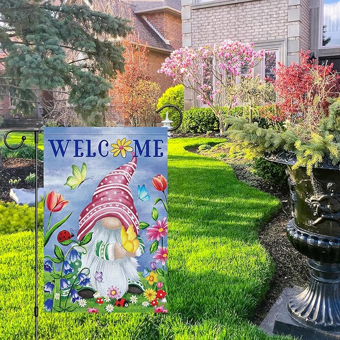 Welcome Spring Gnome Garden Flag 12x18 Double Sided Burlap Butterfly Floral Garden Yard Flags for Spring Summer Rustic Seasonal Outside Outdoor House Decoration (ONLY FLAG)