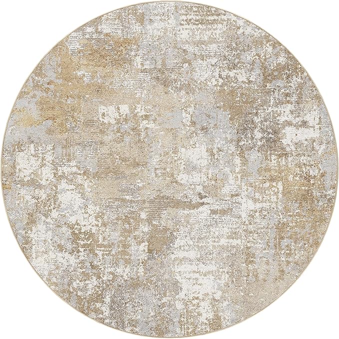 Tortania Washable 8' Round Area Rug for Living Room: Modern Abstract Neutral Large So' Thin Rugs - Non Slip Indoor Carpet for Bedroom Dining Room Office Nursery Home Floor Decoration - Brown Grey