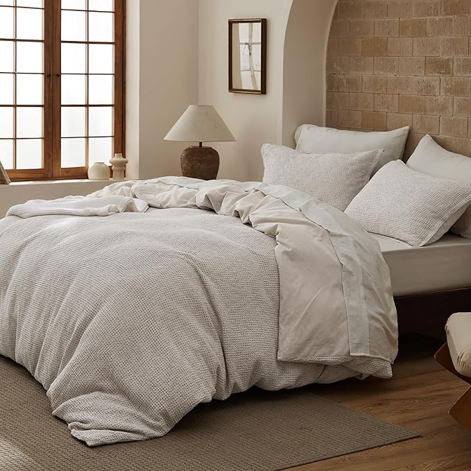 Bedsure Waffle Duvet Cover Queen - Pure Cotton Duvet Cover Linen Color, Space-Dyed for Enhanced Bedroom Aesthetics, GentleSoft™ and Stylish All-Season, 3-Piece Bedding Set with Button Closure, 90"x90"