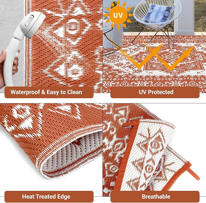 GAOMON Extra Large Outdoor Rug 10x20 Waterproof Plastic Straw Rug Reversible Vintage Patio Carpet, Portable Picnic Camping Mat with Bag & Stakes, Outside Carpet for Balcony Garden Yard, Orange Red