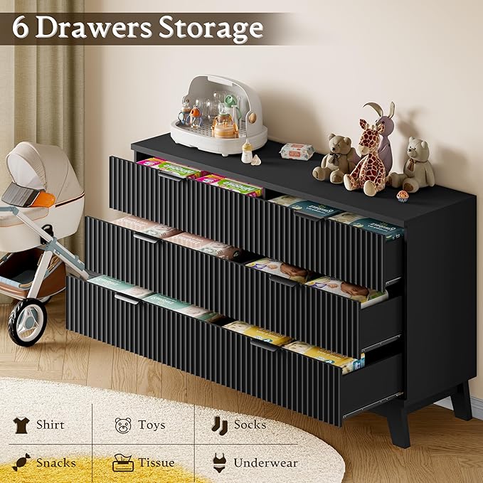 53" Long Dresser for Bedroom, 6-Drawer Dresser with Fluted Fronts, Wide Wood Chest of Drawers, Smooth Metal Slides, Stable Base, Modern Clothes Storage Cabinet for Living Room, Hallway
