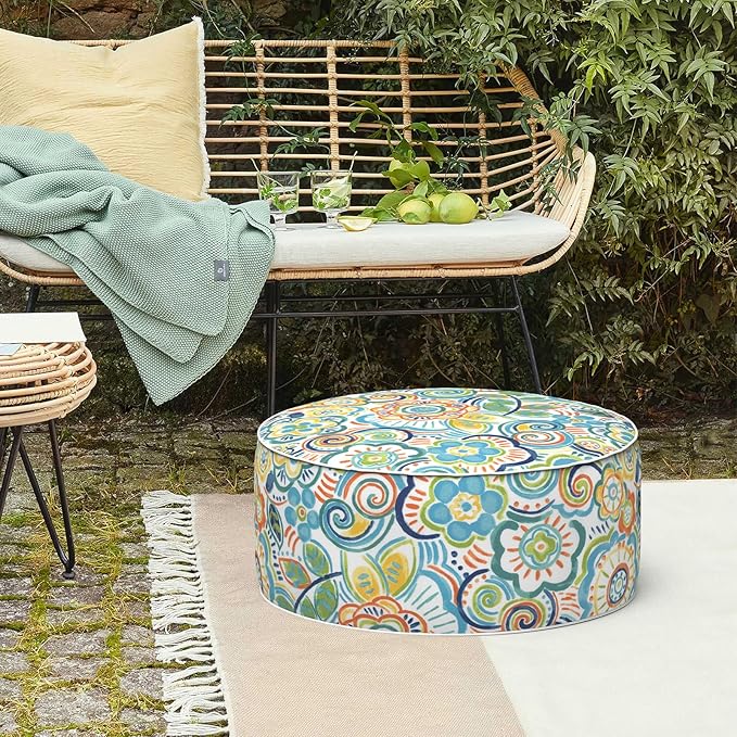 LVTXIII Outdoor/Indoor Inflatable Stool Ottoman, All Weather Patio Footrest Pouf, Portable Round Ottoman for Patio Garden, Camping or Home, D21xH9 Inches, Flower Blue