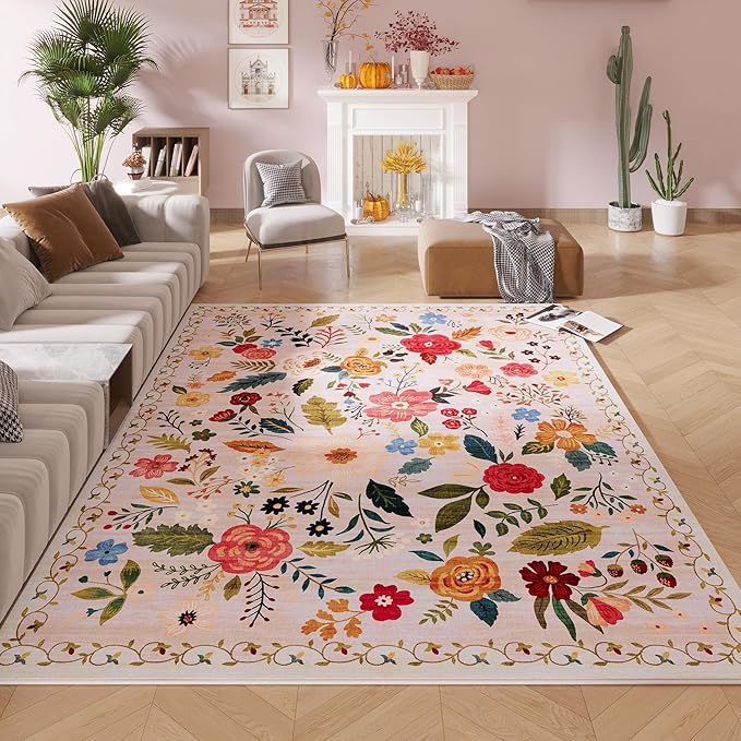 Area Rugs 9x12 Living Room Clearance Washable Boho Rug Non Slip Floral Vintage Low Pile Large Rug for Living Room, Bedroom, Farmhouse, Dining Room, Kids Playroom(Beige)