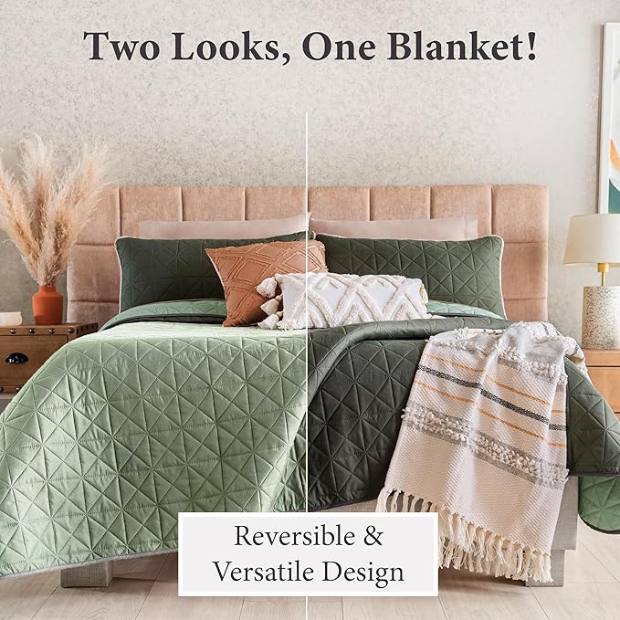 Vianney King Size Comforter Novo Olive Reversible Lightweight Blanket 110x93 Inches Soft Cozy Bedding with Triangular Quilt Pattern for All Seasons