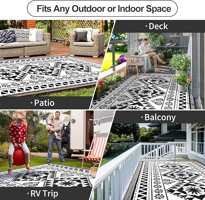 Waterproof Outdoor Rug 8x10ft, Reversible Plastic Straw Mat Rugs for Patio RV Deck Porch Backyard Balcony Camping Picnic Beach Indoor Outdoor Carpet, Black&White