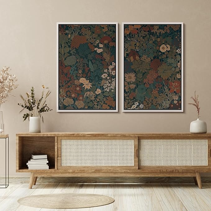 SIGNFORD Framed Canvas Print Wall Art Set Vintage Botanical Floral Dark Green and Rust Toned Illustration Modern Art Decorative Nordic Nature for Living Room, Bedroom, Office - 16"x24"x2 White