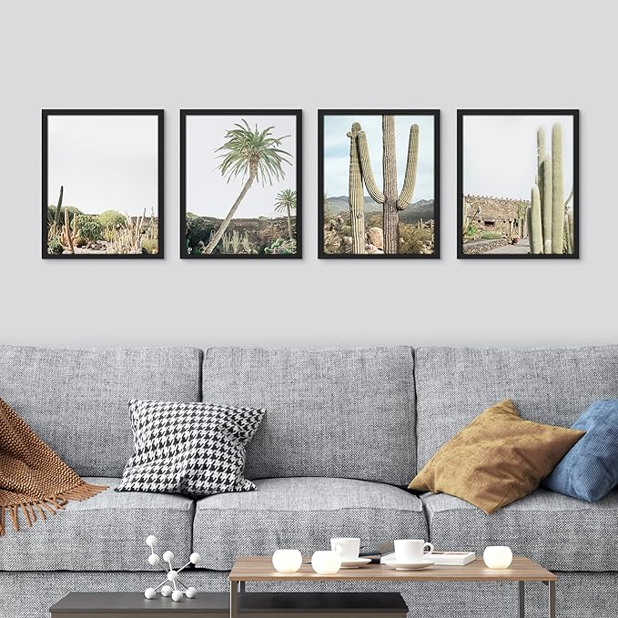 SIGNWIN Framed Tropical Palm Tree Saguaro Cactus Wall Art, Set of 4 Desert Landscape Wall Decor Prints, Nature Wilderness Wall Décor for Living Room, Bedroom - 11"x14"x 4 Black
