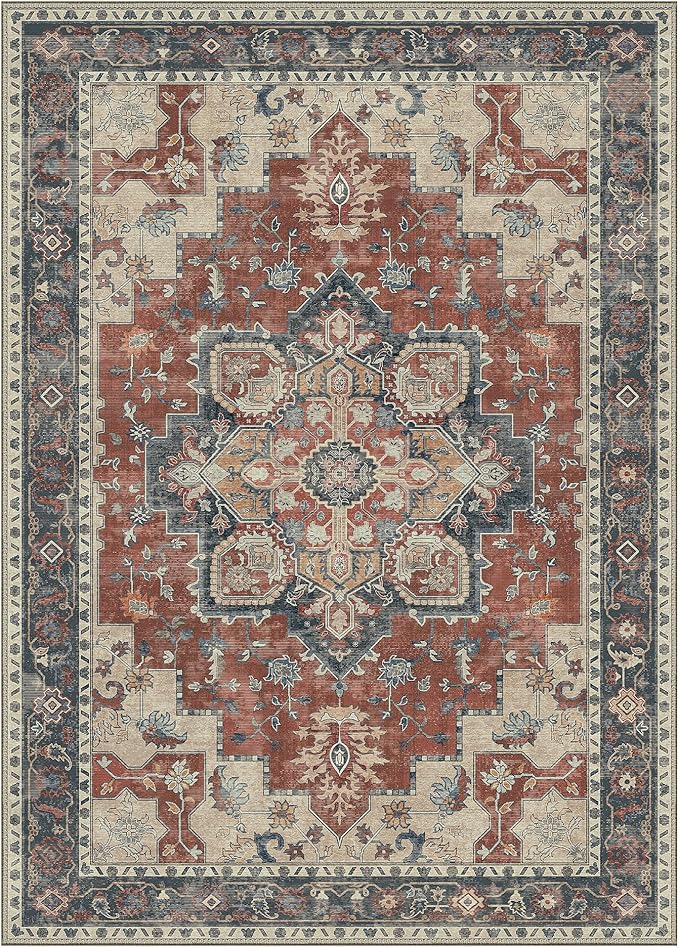 GENIMO 10x12 Area Rugs for Living Room, Machine Washable Non Slip Vintage Rugs, Low Pile Lightweight Chenille Print Rug for Bedroom, Dining Room, Home Office,Bordeaux