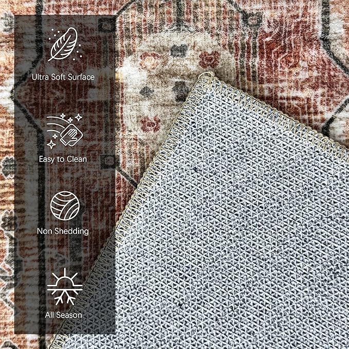 Vintage 6' x 9' Washable Area Rug - Stylish Indoor Rug for Living, Dining or Bedroom - Lightweight Carpet with Non-Slip Backing - Foldable for Easy Placement and Maintenance - Ivory