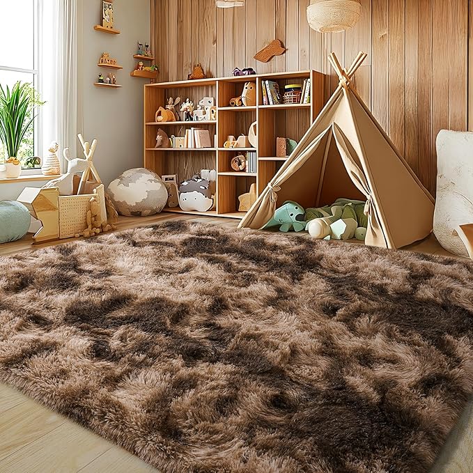 9x12 Large Area Rugs for Living Room, Ultra Fluffy Plush Rug for Living Room Bedroom, Thick Fluffy Carpet for Girls Boys Kids Room, Non Slip Dorm Rug for Home Decor Aesthetic, Tie-Dyed Coffee
