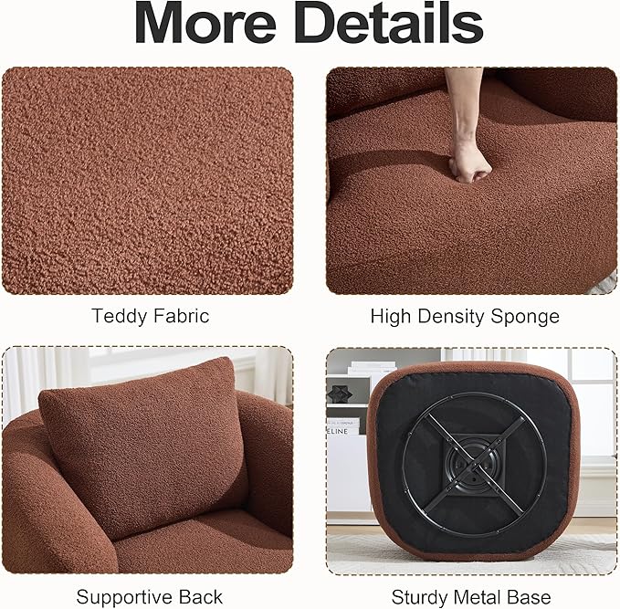 Luxlen Swivel Accent Chair with Pillow for Living Room, Teddy Fleece Upholstered Single Sofa, 360° Rotating Barrel Chair with Metal Base for Bedroom, Office, Apartment - Brown