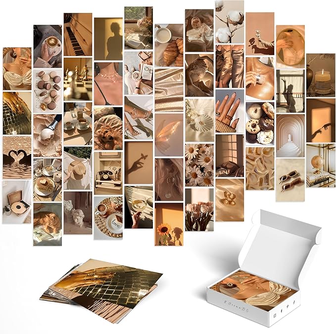 Y2K BOO Brown Sunshine Wall Collage Kit - 50pcs Aesthetic Posters for Room Decor, Warm and Cozy Wall Art, Perfect for Teen Girls' Bedrooms, Trendy Brown Aesthetic
